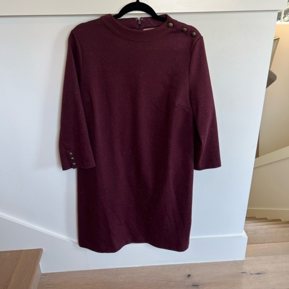 Talbots Rich Plum Maroon Long Sleeve Shift Dress with Button Details Large